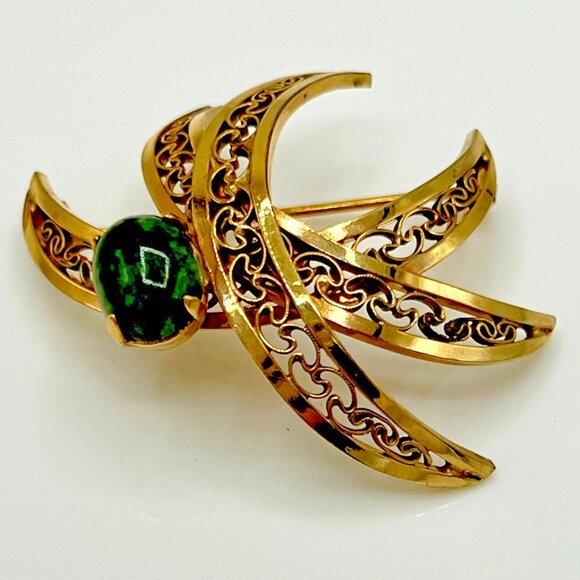 POLCINI Brooch Pin Signed 12K GF Gold Plated Jade Green Stone Filigree Vintage - Picture 2 of 12